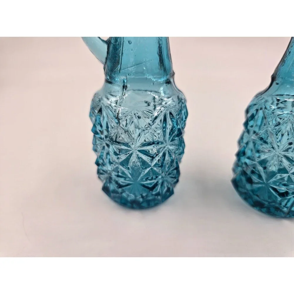 Vintage Indiana Glass Teal Oil & Vinegar Cruet Starburst - Hard to Find Set